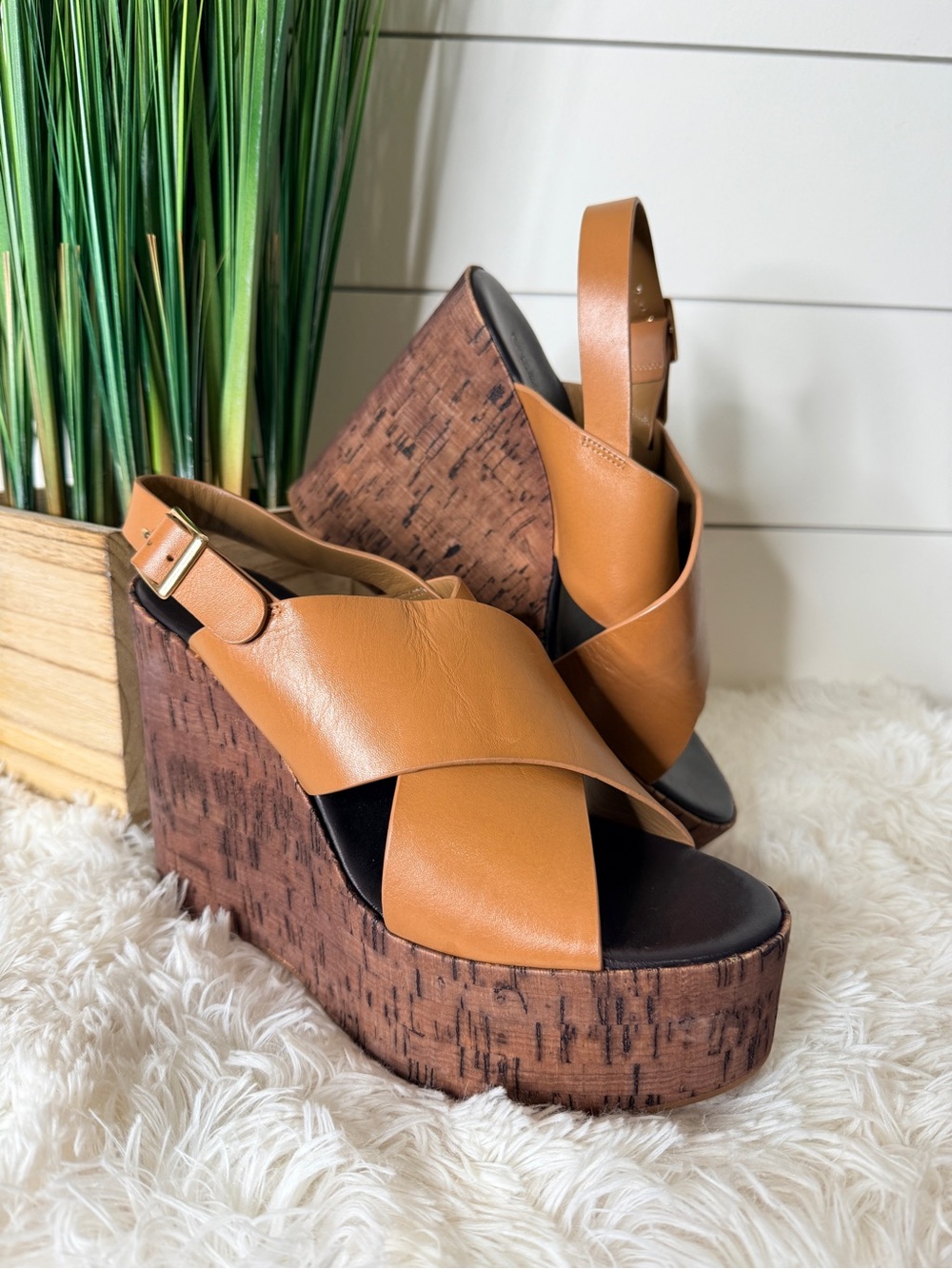 Tony Bianco Vogue Leather Chunky Slingback Retro Platform Wedges Tan Como Size 8